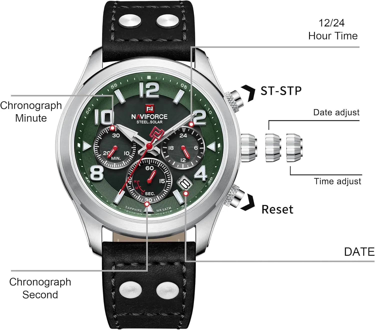 NAVIFORCE Mens Solar Powered Sports Chronograph Watch Military Tactical 12/24 Hour Time Luminous Hands Leather Strap Wristwatch 5ATM Waterproof