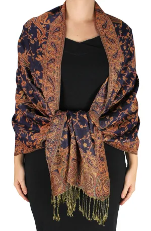 Navy and Burnt Orange Peach Couture Elegant Double Layer Reversible Paisley Pashmina Shawl Wrap Scarf