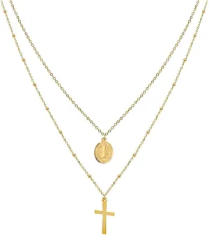Nazareth Store Layered Cross Necklaces for Women, Dainty 14K Gold Plated 18" Necklace Saint Benedict Medal Protection Amulet Chain Gold Choker Trendy Jewelry Gift