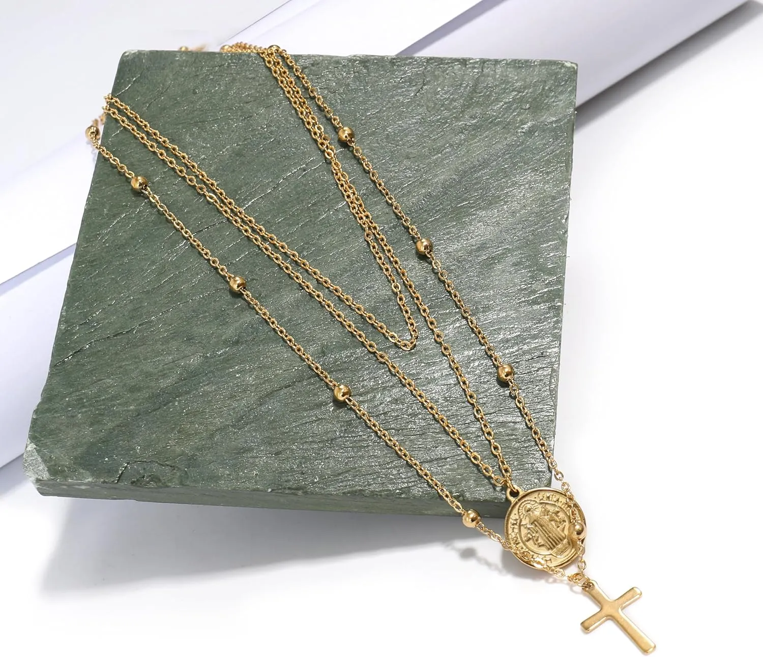 Nazareth Store Layered Cross Necklaces for Women, Dainty 14K Gold Plated 18" Necklace Saint Benedict Medal Protection Amulet Chain Gold Choker Trendy Jewelry Gift