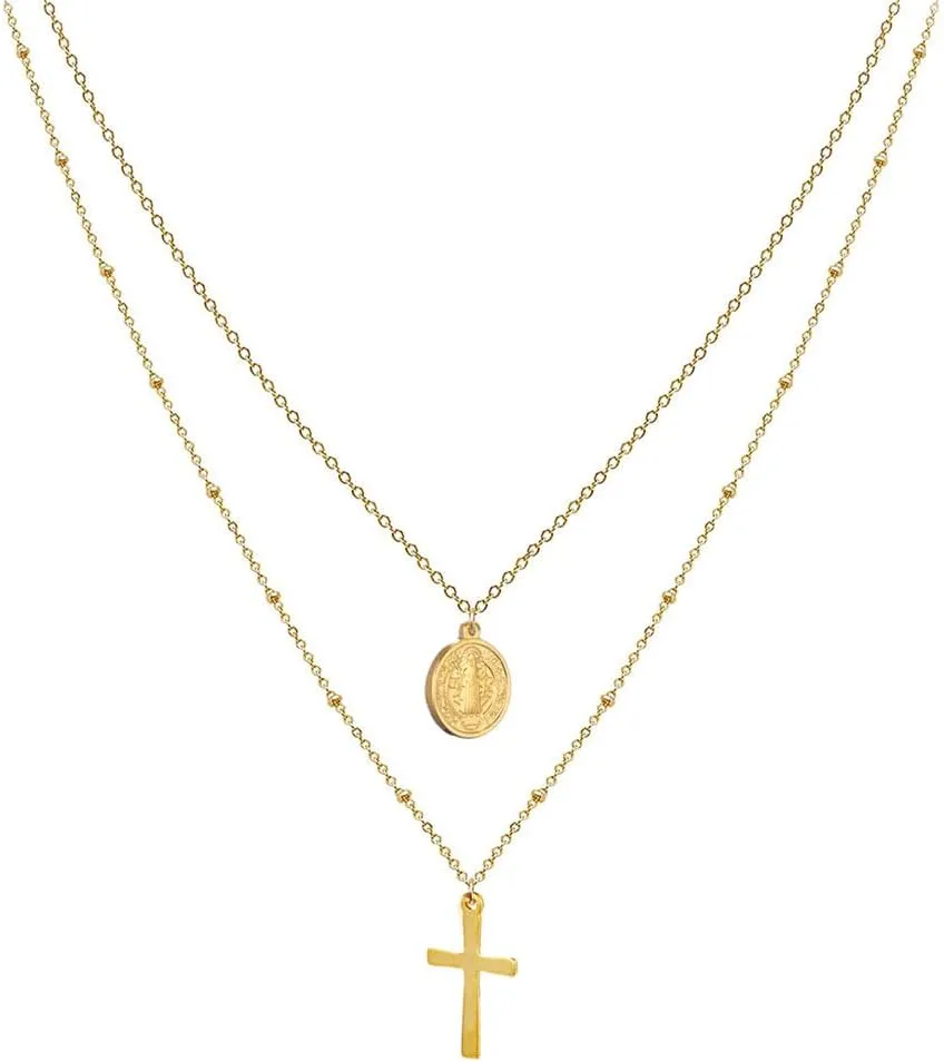 Nazareth Store Layered Cross Necklaces for Women, Dainty 14K Gold Plated 18" Necklace Saint Benedict Medal Protection Amulet Chain Gold Choker Trendy Jewelry Gift