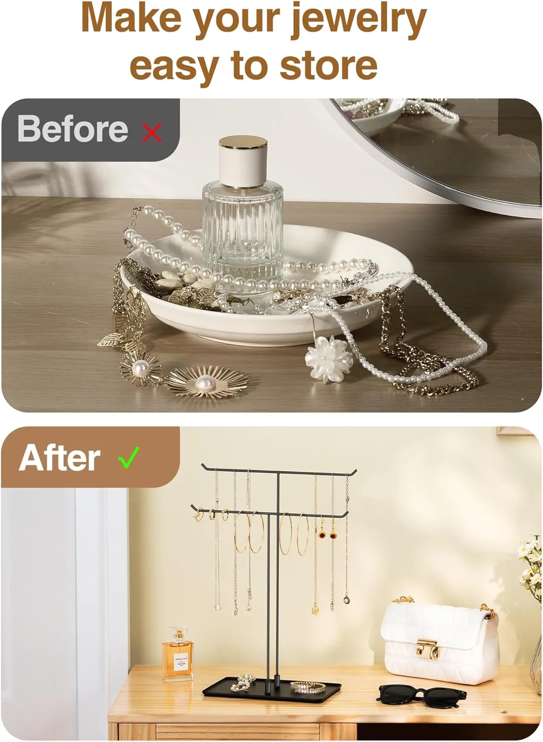 Necklace Holder Jewelry Stand Organizer for Necklaces and Bracelets, Metal Display Stand, Gift for Women, Ideal for Home, Bedroom, or Vanity, Black