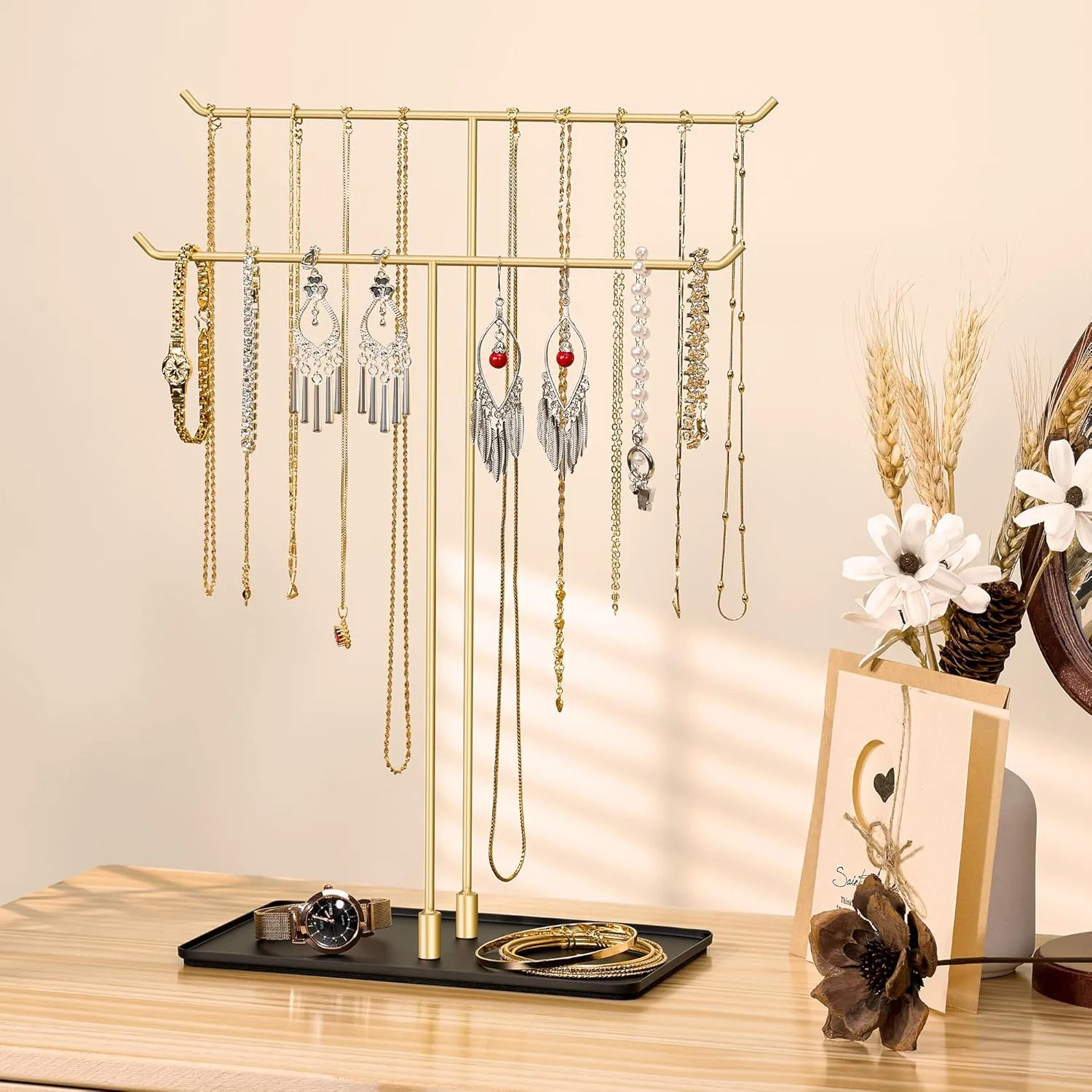 Necklace Holder Jewelry Stand Organizer for Necklaces and Bracelets, Metal Display Stand, Gift for Women, Ideal for Home, Bedroom, or Vanity, Gold and Black
