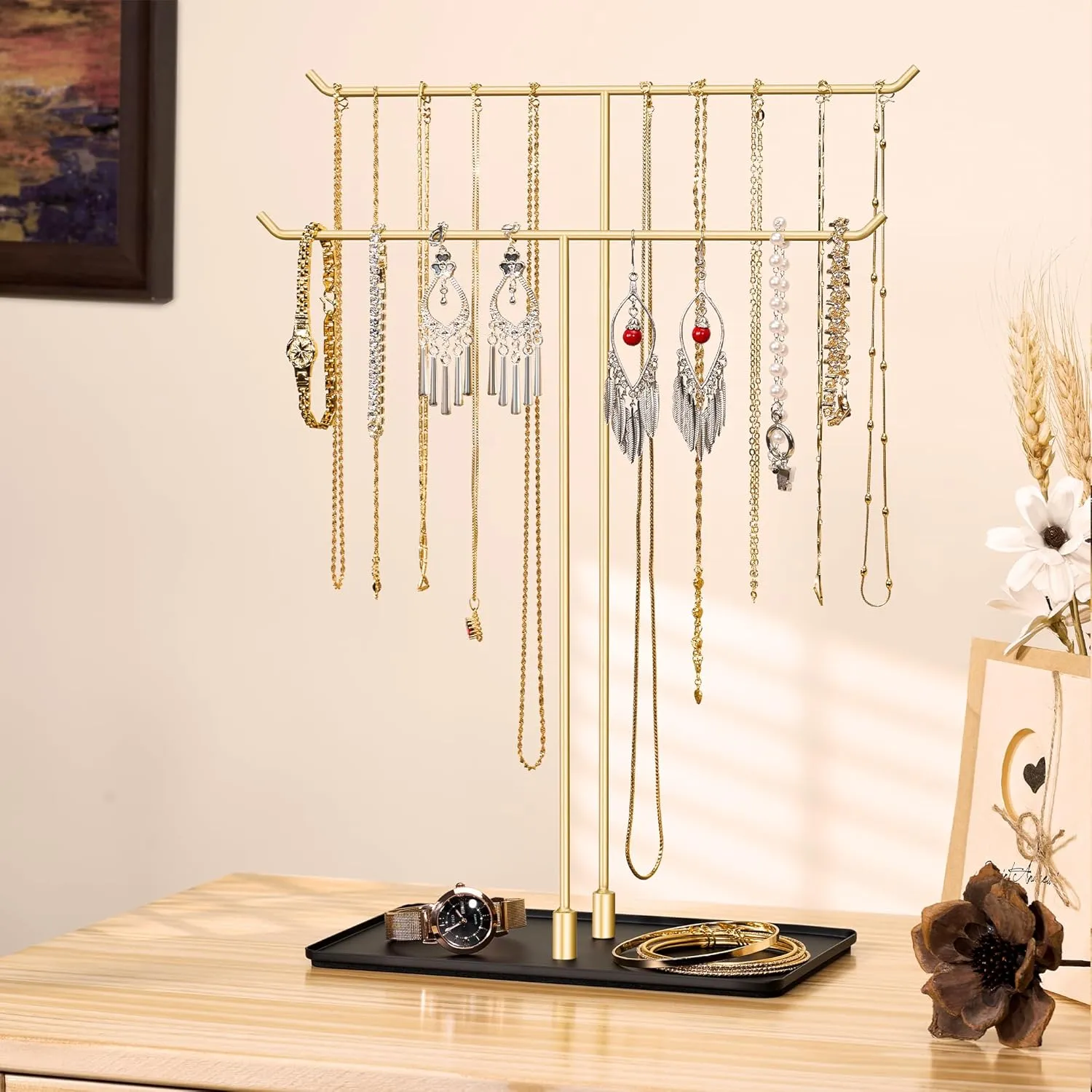 Necklace Holder Jewelry Stand Organizer for Necklaces and Bracelets, Metal Display Stand, Gift for Women, Ideal for Home, Bedroom, or Vanity, Gold and Black