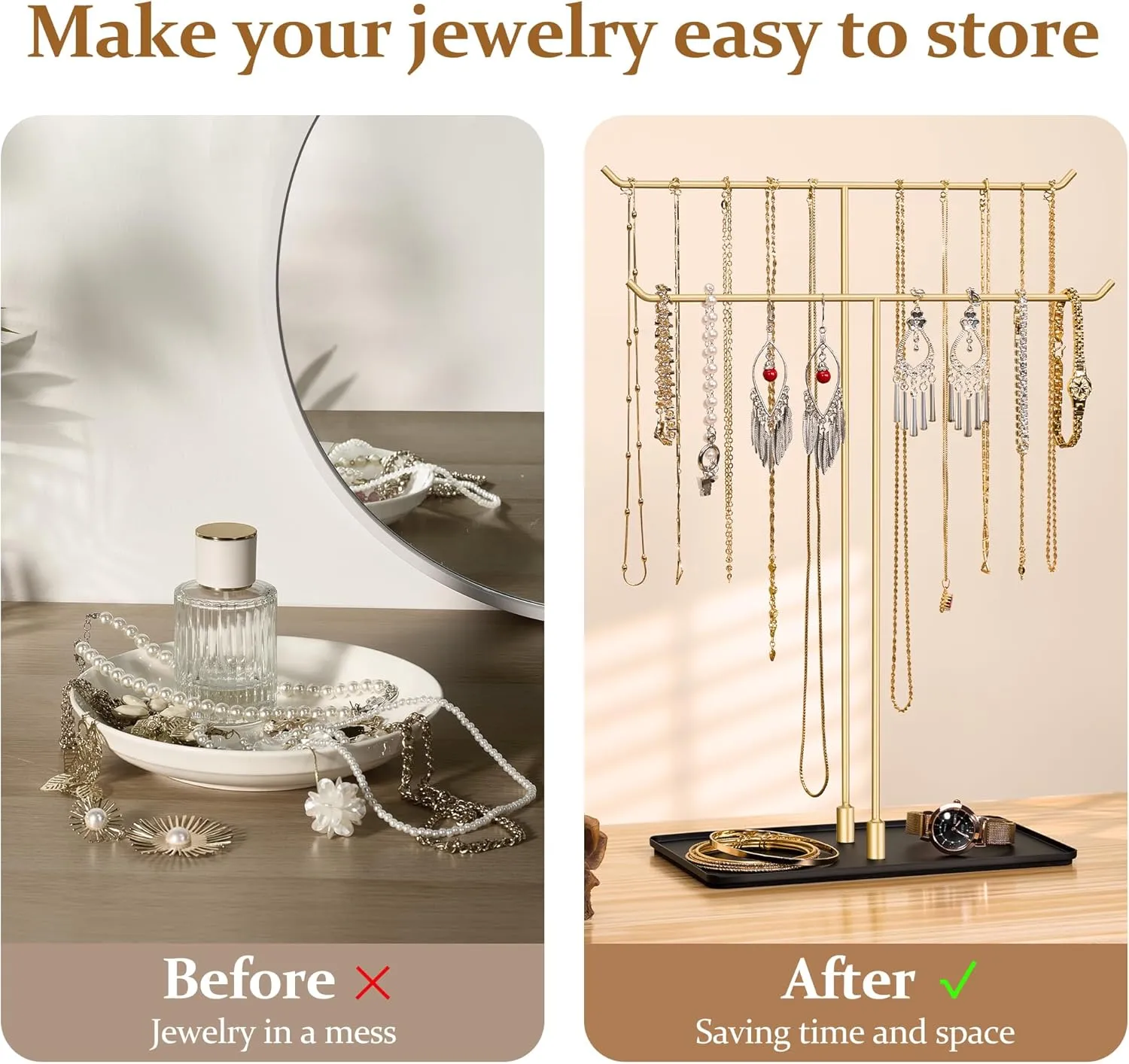 Necklace Holder Jewelry Stand Organizer for Necklaces and Bracelets, Metal Display Stand, Gift for Women, Ideal for Home, Bedroom, or Vanity, Gold and Black