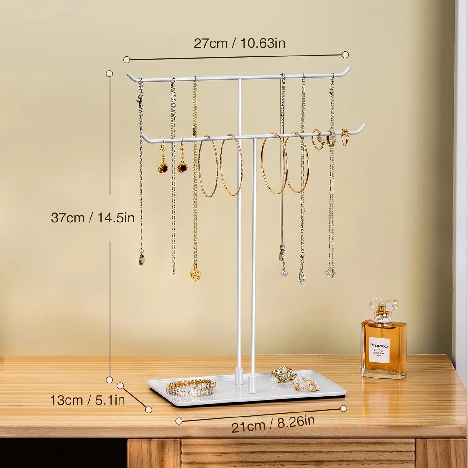 Necklace Holder Jewelry Stand Organizer for Necklaces and Bracelets, Metal Display Stand, Gift for Women, Ideal for Home, Bedroom, or Vanity, White