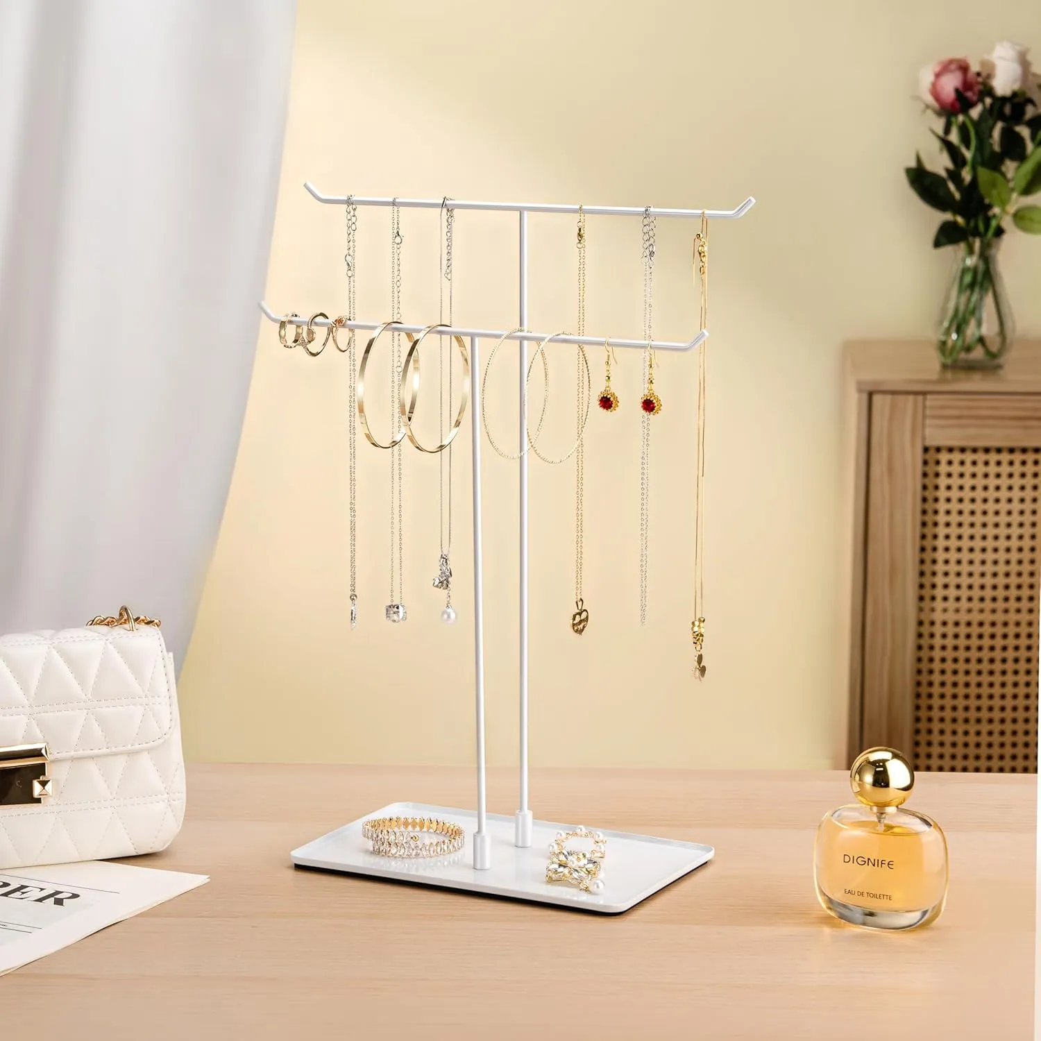 Necklace Holder Jewelry Stand Organizer for Necklaces and Bracelets, Metal Display Stand, Gift for Women, Ideal for Home, Bedroom, or Vanity, White