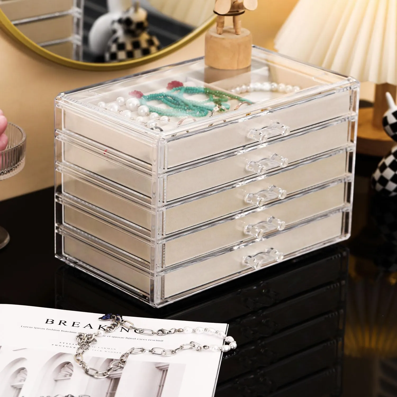 Necklace Organizer Box, Tray with 5 Drawers, Dustproof Velvet Necklaces Storage Holder Display Case, jewelry box for necklaces for Pendant Suitable for Women and Girls (5Drawer)