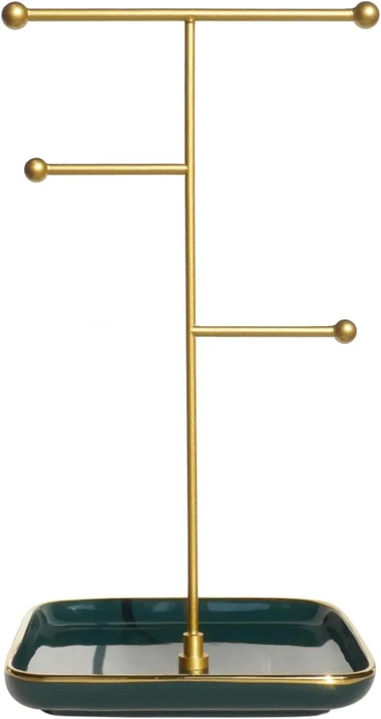 Necklace Stand - Ceramic Base with Gold Rimmed - 1.3ft Height Necklace Hanger Tower Organizer, Aesthetic Jewelry Holder for Necklace, Earring, Bracelets, Rings Display (Emerald Green)