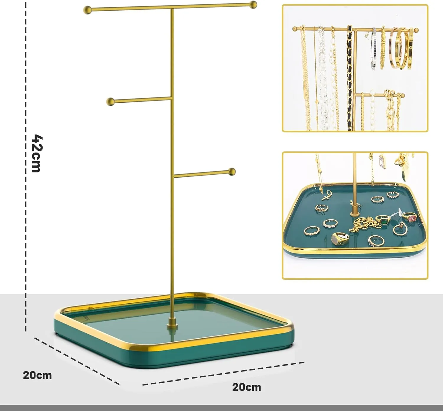 Necklace Stand - Ceramic Base with Gold Rimmed - 1.3ft Height Necklace Hanger Tower Organizer, Aesthetic Jewelry Holder for Necklace, Earring, Bracelets, Rings Display (Emerald Green)
