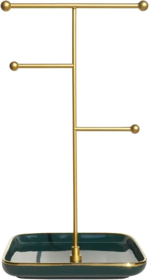 Necklace Stand - Ceramic Base with Gold Rimmed - 1.3ft Height Necklace Hanger Tower Organizer, Aesthetic Jewelry Holder for Necklace, Earring, Bracelets, Rings Display (Emerald Green)