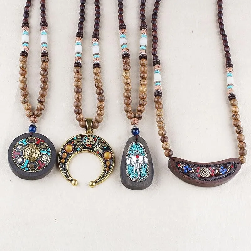 Nepal Buddhist Mala Wood Bead Necklace Ethnic Sweater Chain Statement Long Necklaces & Pendants for Women Men Gift Souvenir