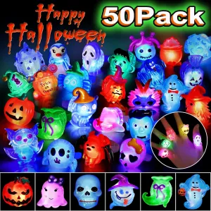 NPET 50pcs LED Light Up Rings - Halloween Flashing Glow Rings for Kids & Adults