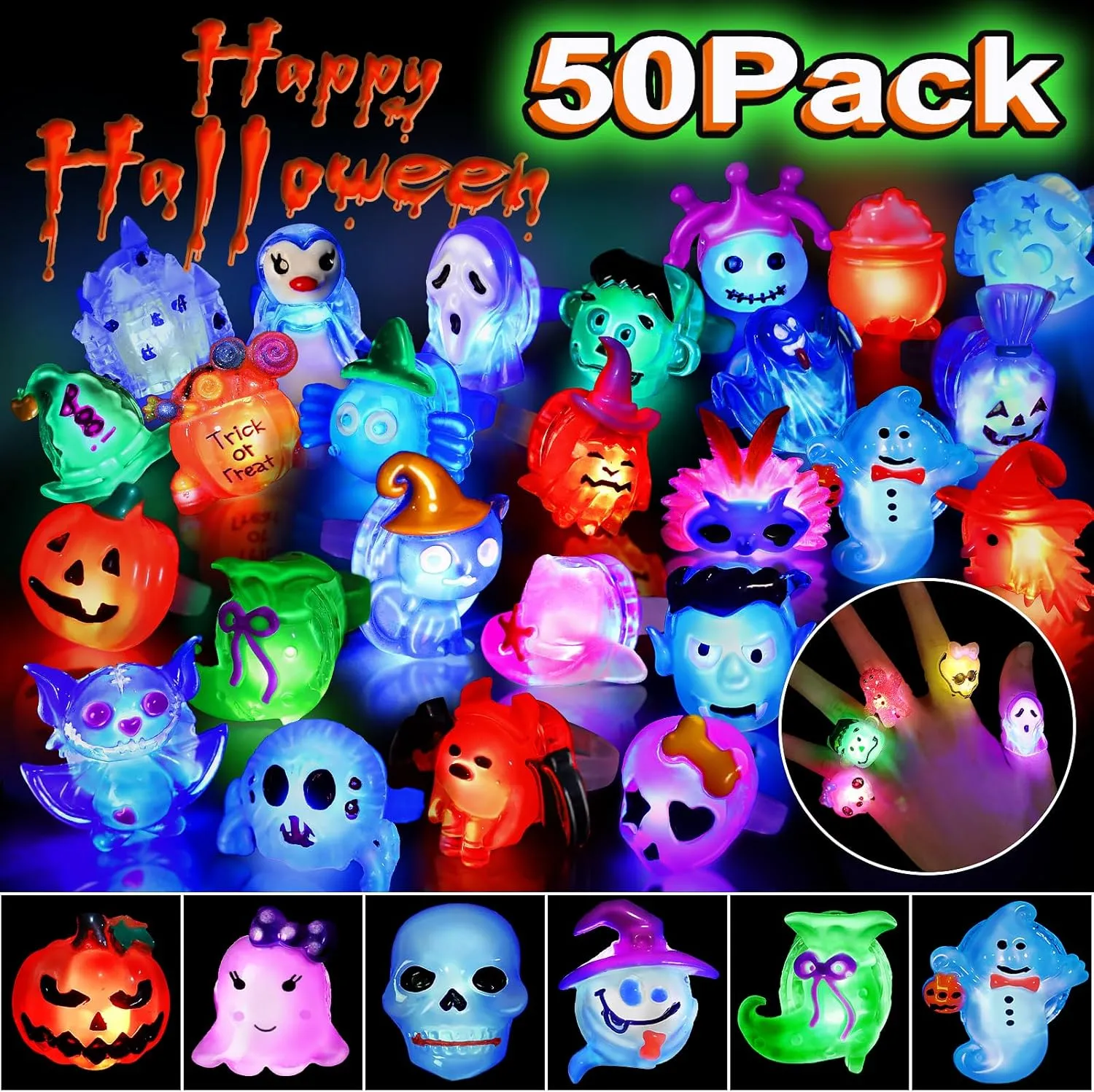 NPET 50pcs LED Light Up Rings - Halloween Flashing Glow Rings for Kids & Adults