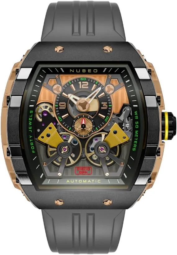 Nubeo Men's 48mm Magellan Double Barrel Automatic Watch with Rubber Strap NB-6100