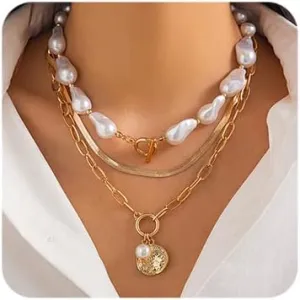 Octwine Boho Gold Silver Layered Pearls Necklaces for Women Trendy Retro Sequin Pendant Necklace Dainty Chunky Chain Choker Necklaces Simple Birthday Gifts Choker Necklace for Women