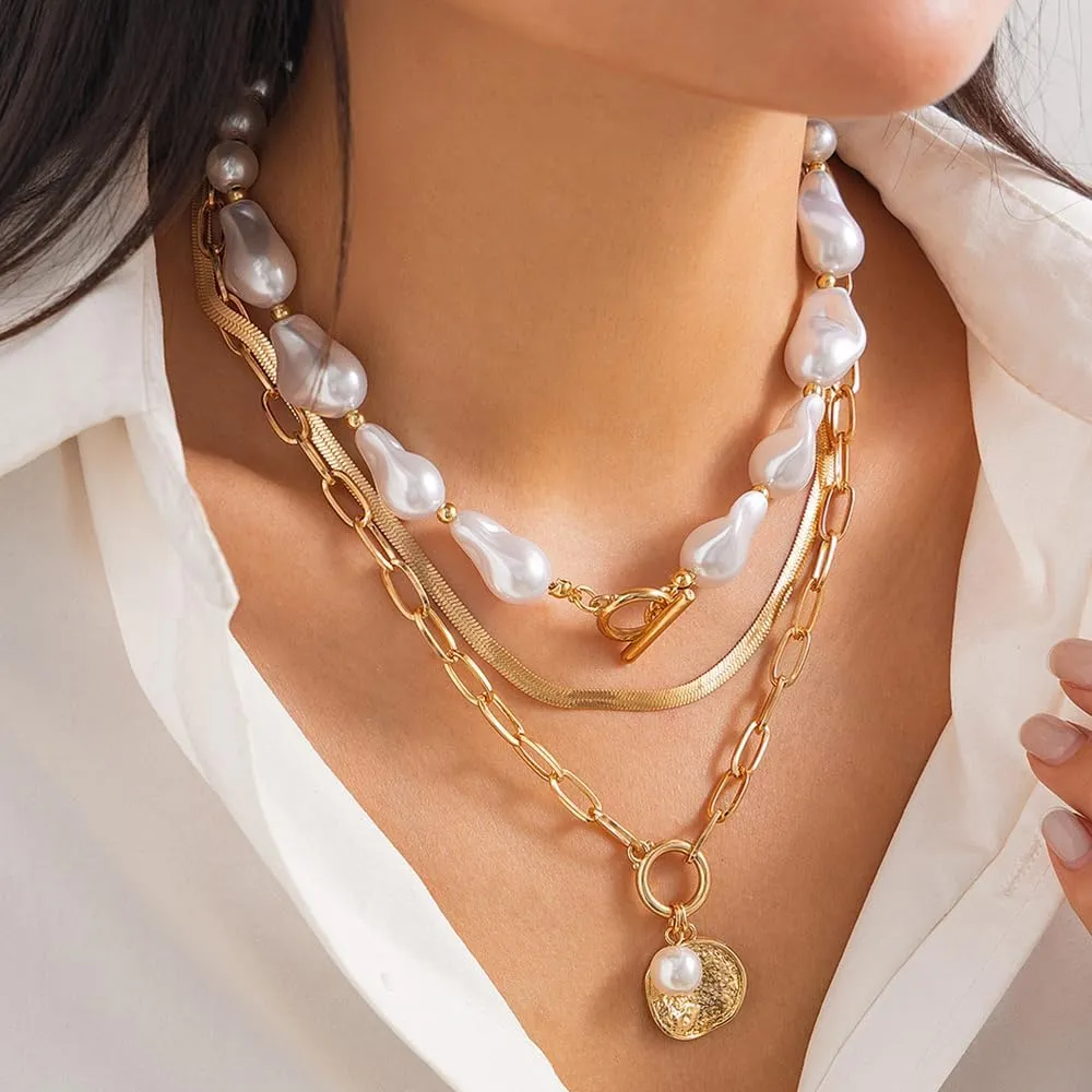 Octwine Boho Gold Silver Layered Pearls Necklaces for Women Trendy Retro Sequin Pendant Necklace Dainty Chunky Chain Choker Necklaces Simple Birthday Gifts Choker Necklace for Women