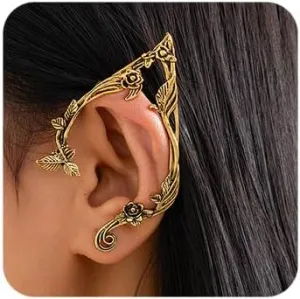 Octwine Vintage Statement Gold Silver Elf Ear Flower Earring Cuffs Simple Earrings Elf Cosplay Cuffs Wrap Earrings Fairy Ears Costume Cosplay Wedding Prom Bar Earrings for Women