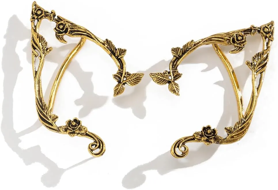 Octwine Vintage Statement Gold Silver Elf Ear Flower Earring Cuffs Simple Earrings Elf Cosplay Cuffs Wrap Earrings Fairy Ears Costume Cosplay Wedding Prom Bar Earrings for Women