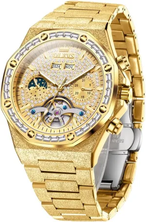 OLEVS Automatic Mens Watches Self Winding Mechanical Business Diamond Luxury Dress Stainless Steel Waterproof Luminous Wrist Watch