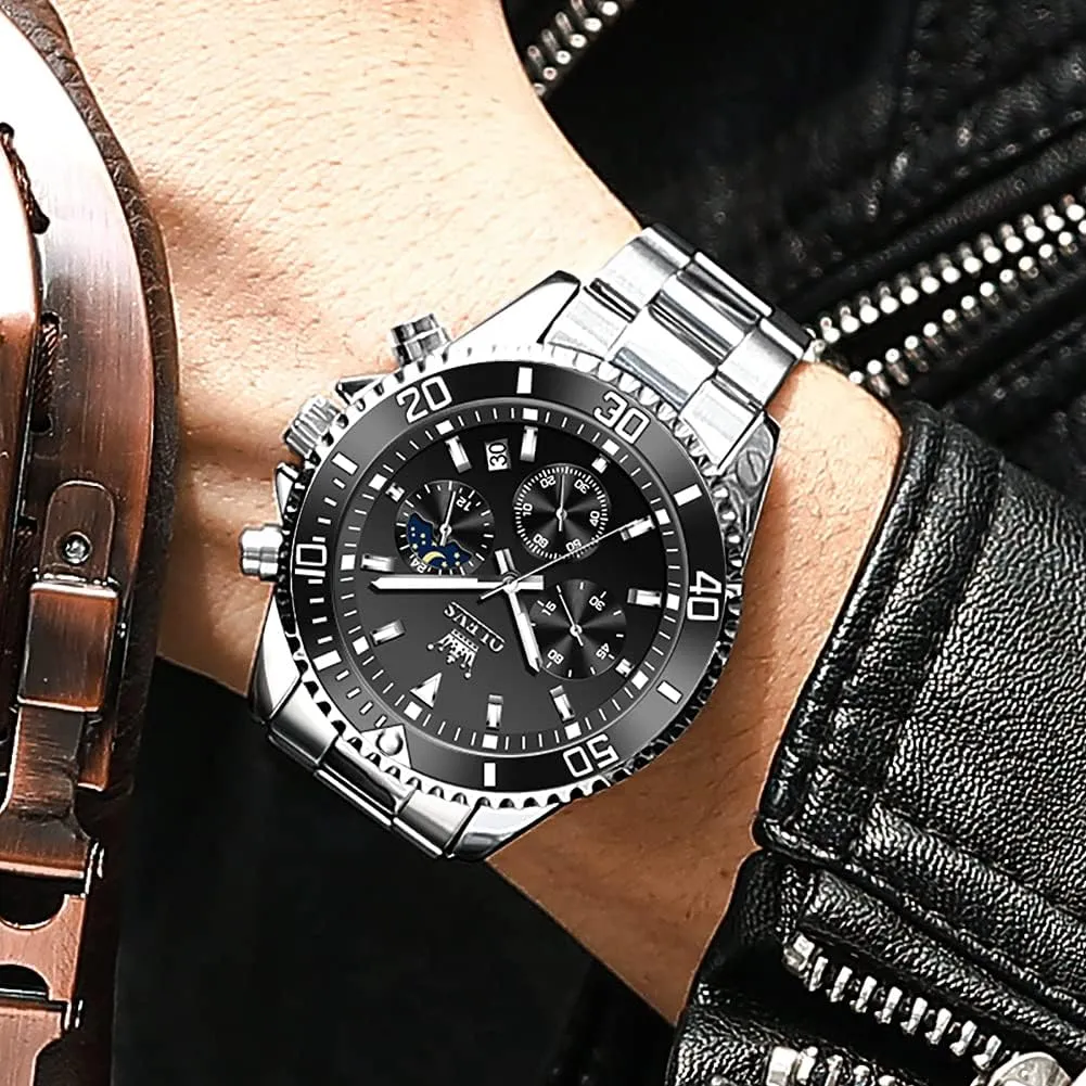 OLEVS Men Watch,Big Dial Watches for Men Stainless Steel Watch with Day Waterproof Analog Quartz Watches for Man Classic Business Wristwatch Luxury Luminous Round for Men Rotatable Bezel Watch