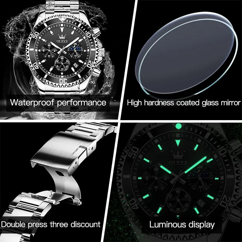 OLEVS Men Watch,Big Dial Watches for Men Stainless Steel Watch with Day Waterproof Analog Quartz Watches for Man Classic Business Wristwatch Luxury Luminous Round for Men Rotatable Bezel Watch