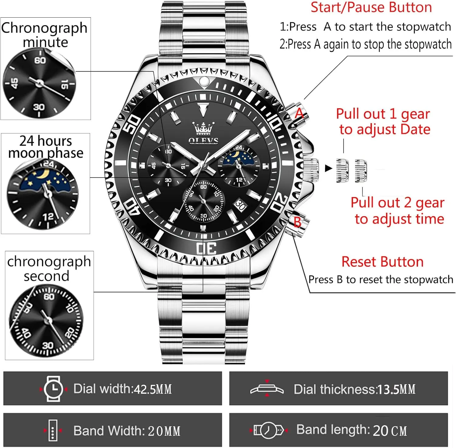 OLEVS Men Watch,Big Dial Watches for Men Stainless Steel Watch with Day Waterproof Analog Quartz Watches for Man Classic Business Wristwatch Luxury Luminous Round for Men Rotatable Bezel Watch
