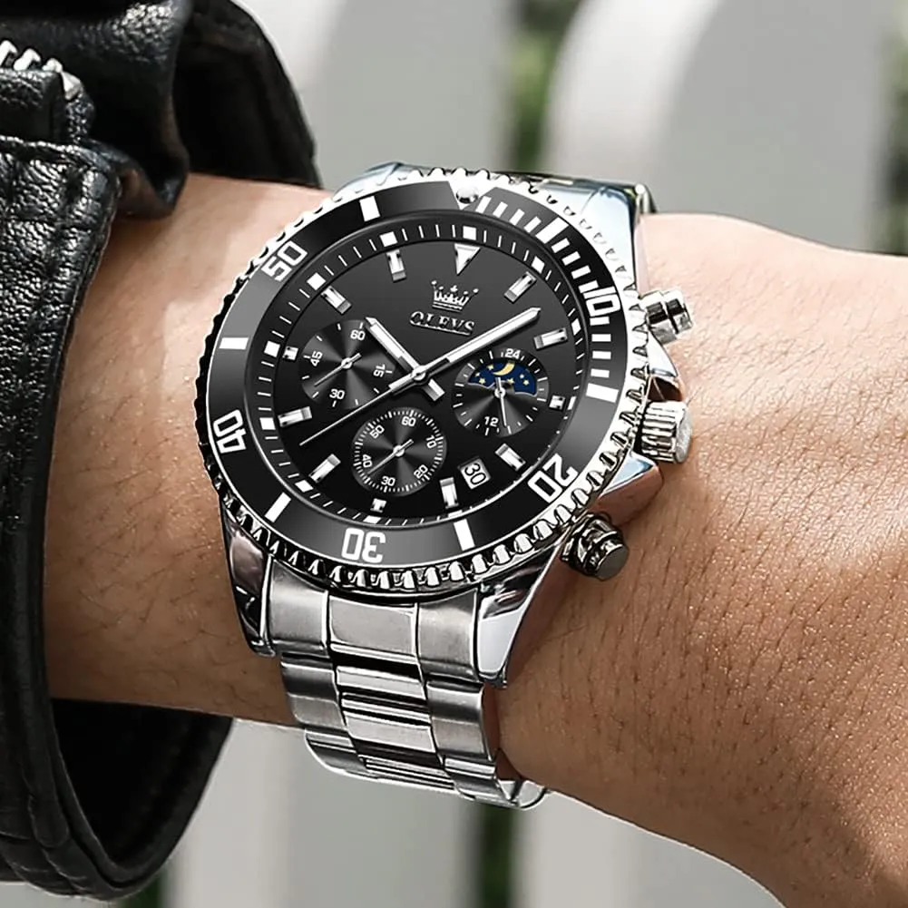 OLEVS Men Watch,Big Dial Watches for Men Stainless Steel Watch with Day Waterproof Analog Quartz Watches for Man Classic Business Wristwatch Luxury Luminous Round for Men Rotatable Bezel Watch