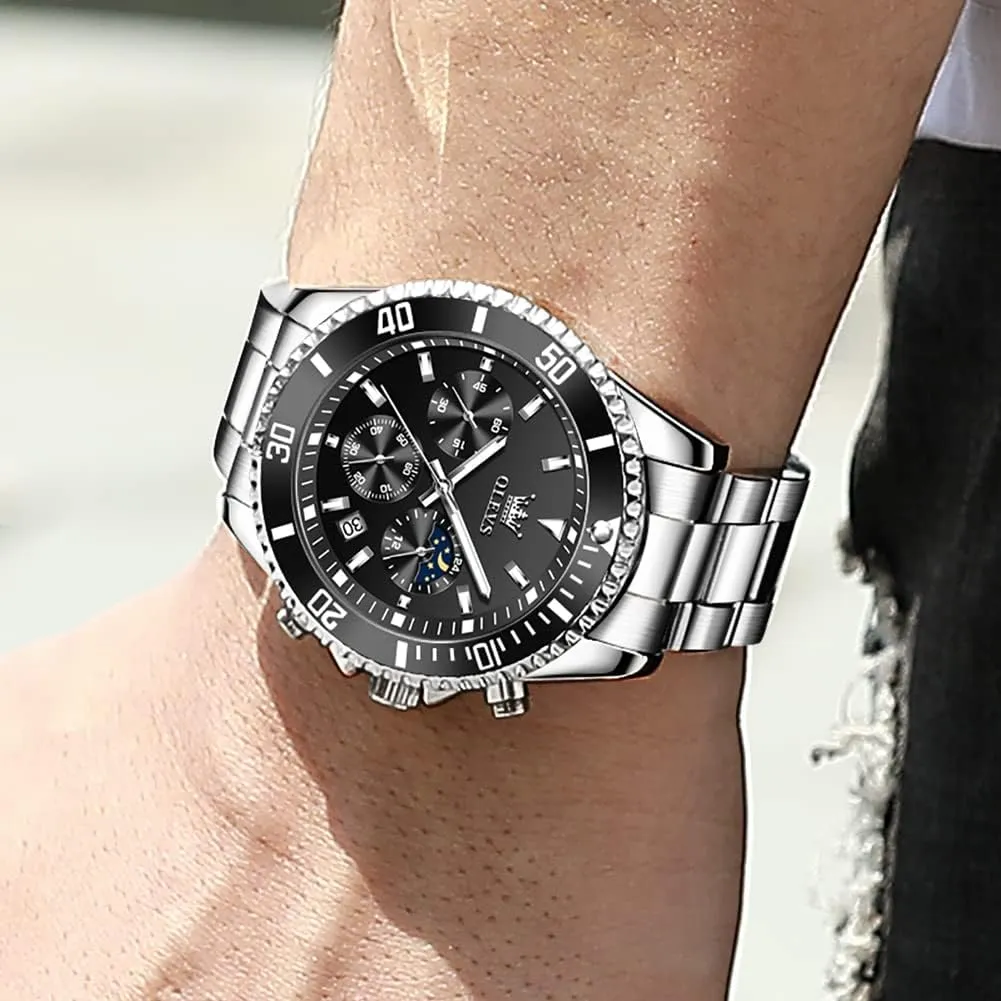 OLEVS Men Watch,Big Dial Watches for Men Stainless Steel Watch with Day Waterproof Analog Quartz Watches for Man Classic Business Wristwatch Luxury Luminous Round for Men Rotatable Bezel Watch