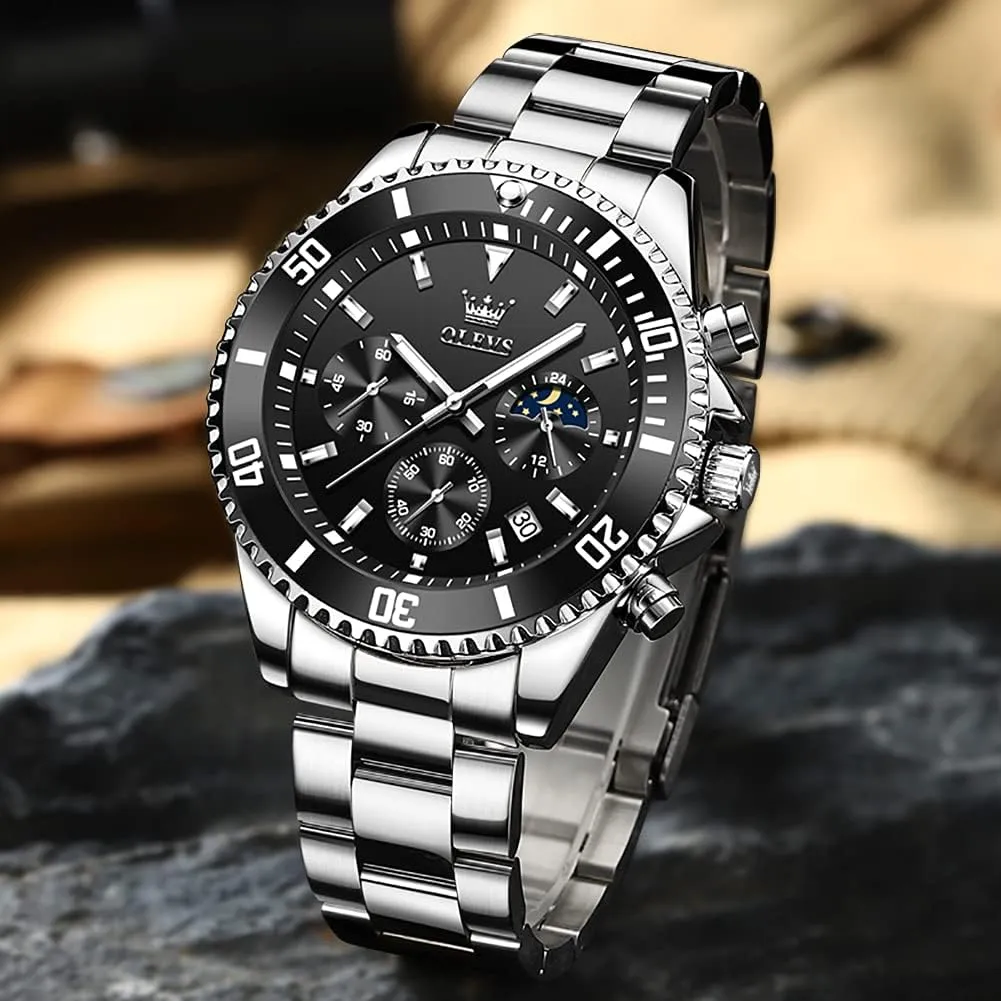 OLEVS Men Watch,Big Dial Watches for Men Stainless Steel Watch with Day Waterproof Analog Quartz Watches for Man Classic Business Wristwatch Luxury Luminous Round for Men Rotatable Bezel Watch