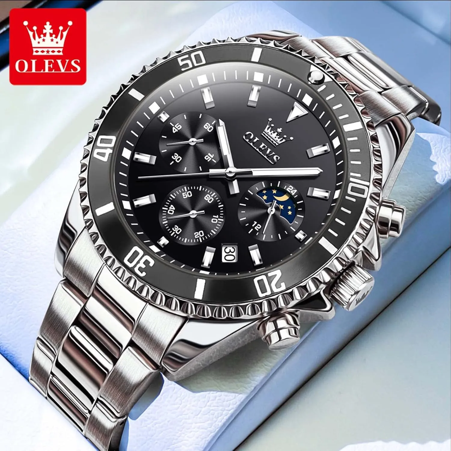 OLEVS Men Watch,Big Dial Watches for Men Stainless Steel Watch with Day Waterproof Analog Quartz Watches for Man Classic Business Wristwatch Luxury Luminous Round for Men Rotatable Bezel Watch