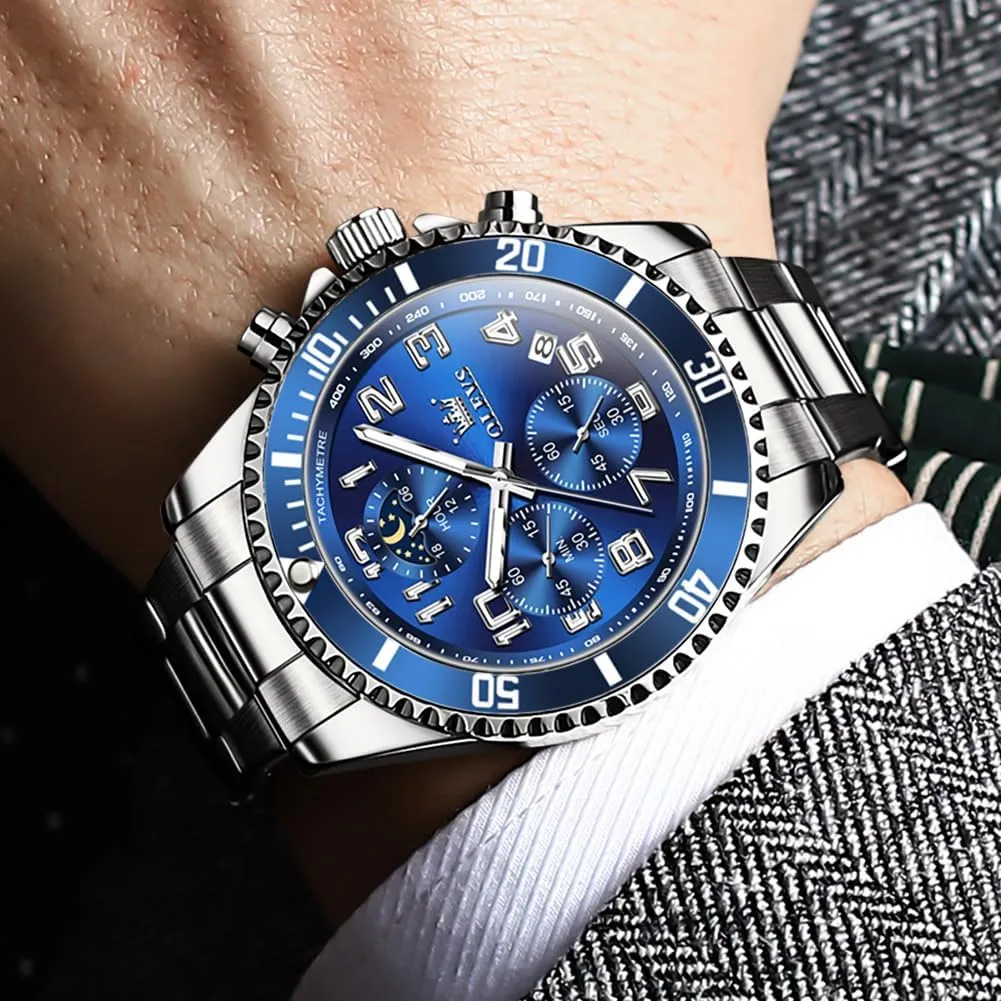 OLEVS Mens Watches Chronograph Watch Luxury Dress Stainless Steel Waterproof Watches for Men Moon Phase Luminous Business Calendar Wrist Watch Blue/Black/Green/Gold/Face