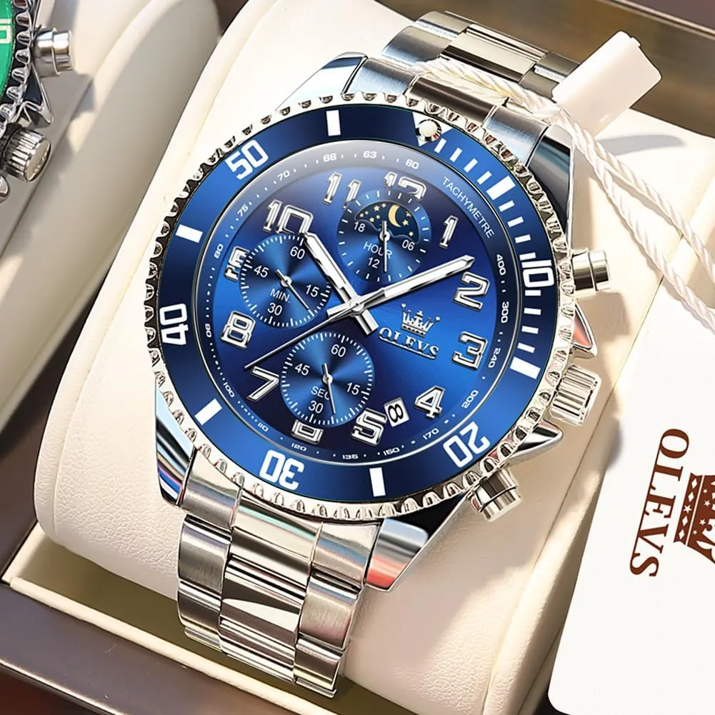 OLEVS Mens Watches Chronograph Watch Luxury Dress Stainless Steel Waterproof Watches for Men Moon Phase Luminous Business Calendar Wrist Watch Blue/Black/Green/Gold/Face