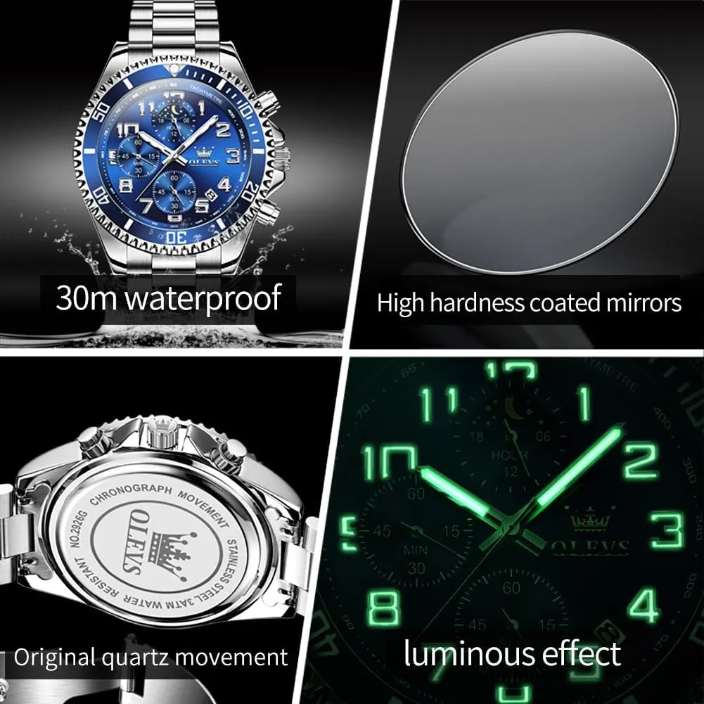 OLEVS Mens Watches Chronograph Watch Luxury Dress Stainless Steel Waterproof Watches for Men Moon Phase Luminous Business Calendar Wrist Watch Blue/Black/Green/Gold/Face