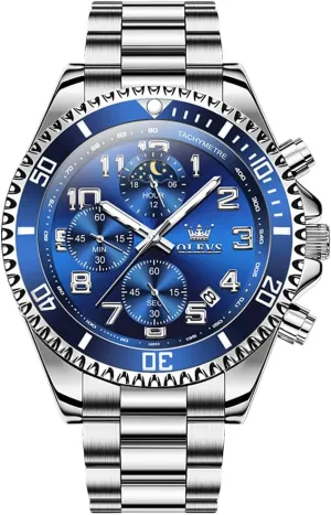 OLEVS Mens Watches Chronograph Watch Luxury Dress Stainless Steel Waterproof Watches for Men Moon Phase Luminous Business Calendar Wrist Watch Blue/Black/Green/Gold/Face
