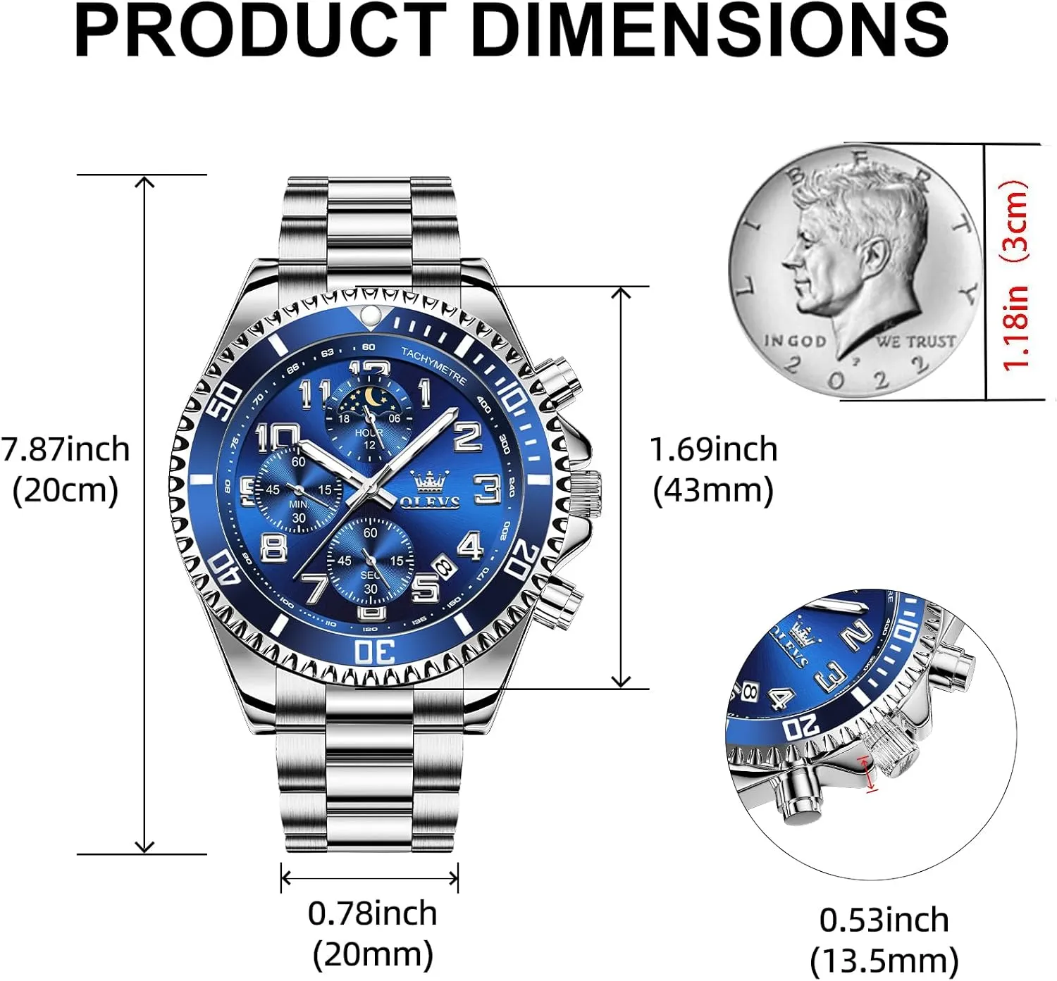 OLEVS Mens Watches Chronograph Watch Luxury Dress Stainless Steel Waterproof Watches for Men Moon Phase Luminous Business Calendar Wrist Watch Blue/Black/Green/Gold/Face