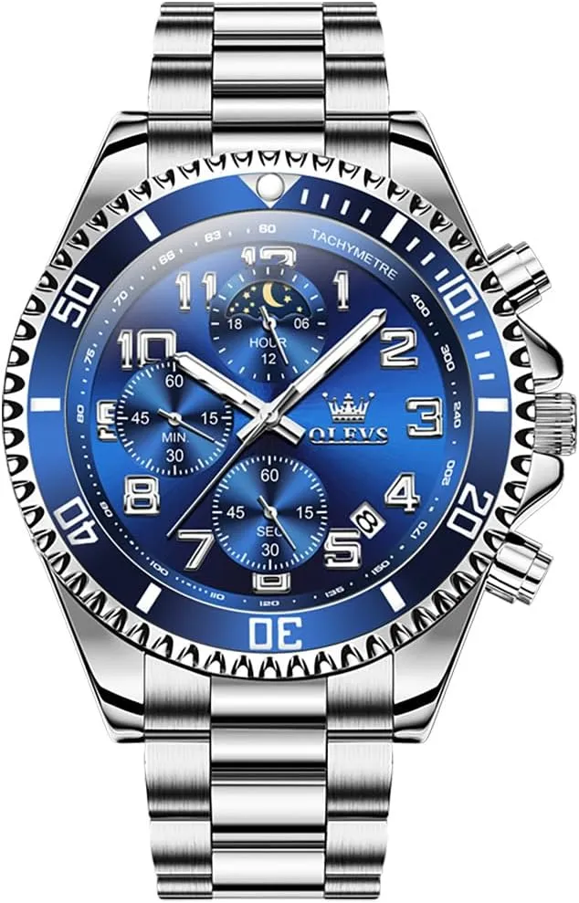 OLEVS Mens Watches Chronograph Watch Luxury Dress Stainless Steel Waterproof Watches for Men Moon Phase Luminous Business Calendar Wrist Watch Blue/Black/Green/Gold/Face