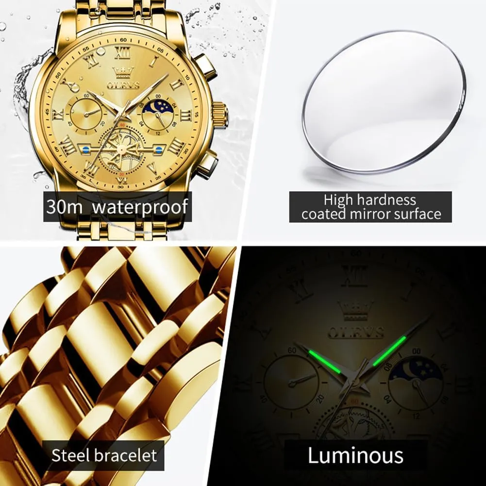 OLEVS Watches Men Waterproof Luxury Big Face Mens Watch Stainless Steel Quartz Analog Dress Watches for Men Luminous Multifunction Man Watch Relojes De Hombre