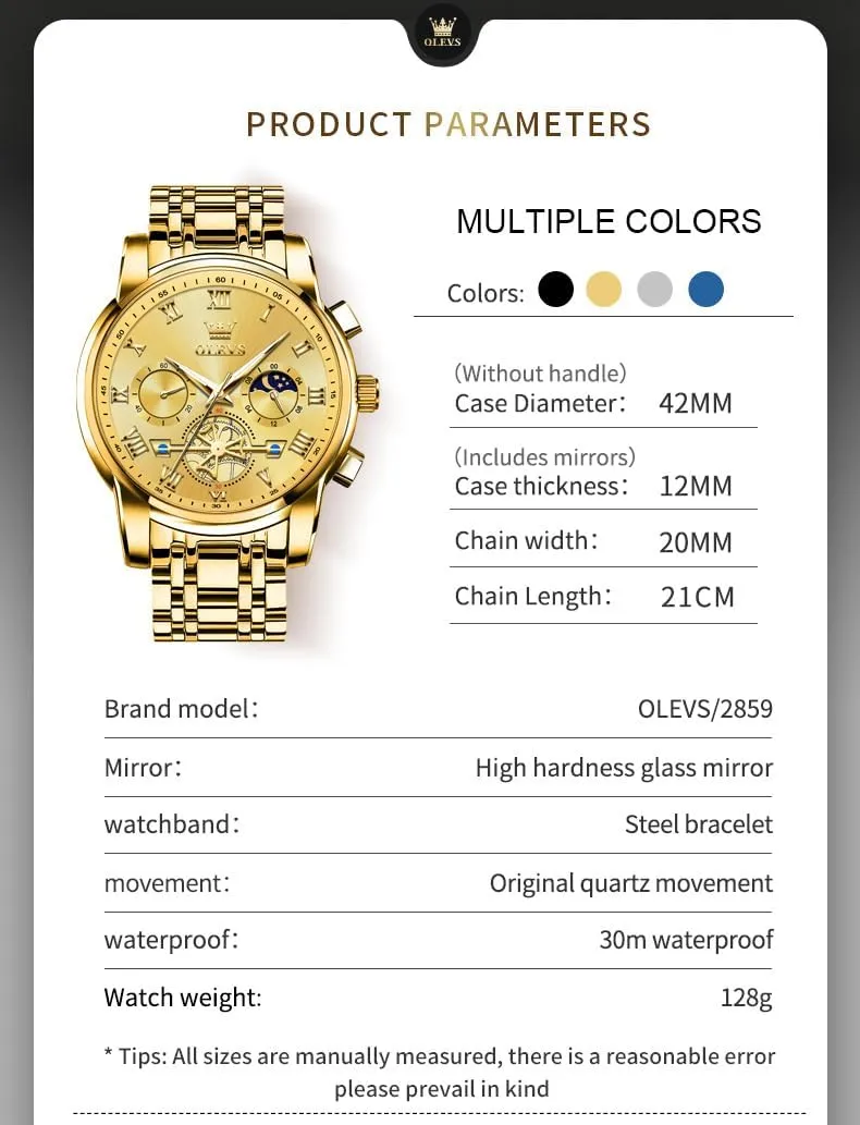 OLEVS Watches Men Waterproof Luxury Big Face Mens Watch Stainless Steel Quartz Analog Dress Watches for Men Luminous Multifunction Man Watch Relojes De Hombre