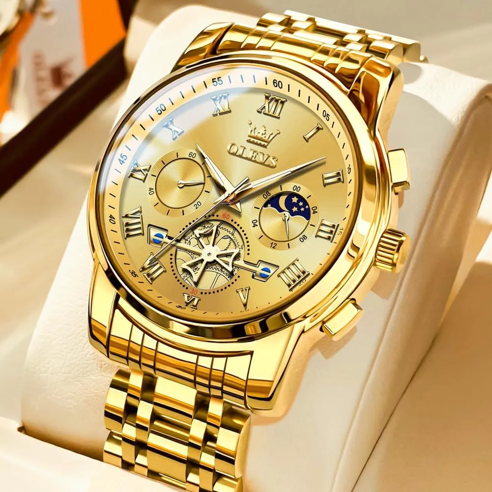 OLEVS Watches Men Waterproof Luxury Big Face Mens Watch Stainless Steel Quartz Analog Dress Watches for Men Luminous Multifunction Man Watch Relojes De Hombre