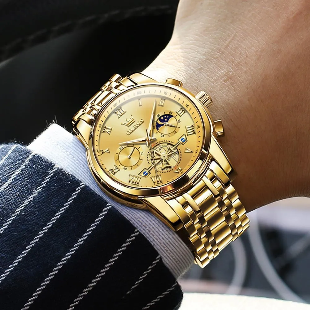OLEVS Watches Men Waterproof Luxury Big Face Mens Watch Stainless Steel Quartz Analog Dress Watches for Men Luminous Multifunction Man Watch Relojes De Hombre