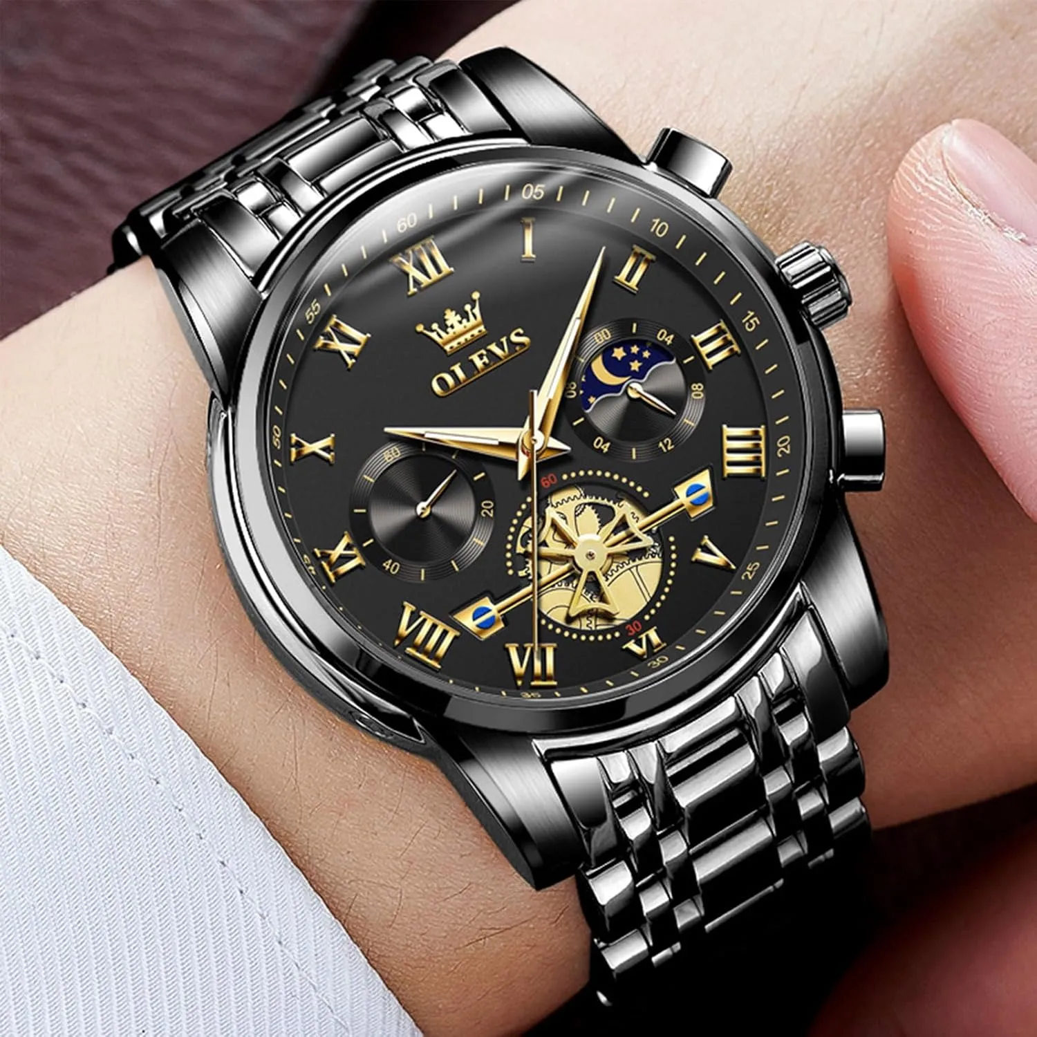 OLEVS Watches Men Waterproof Luxury Big Face Mens Watch Stainless Steel Quartz Analog Dress Watches for Men Luminous Multifunction Man Watch Relojes De Hombre