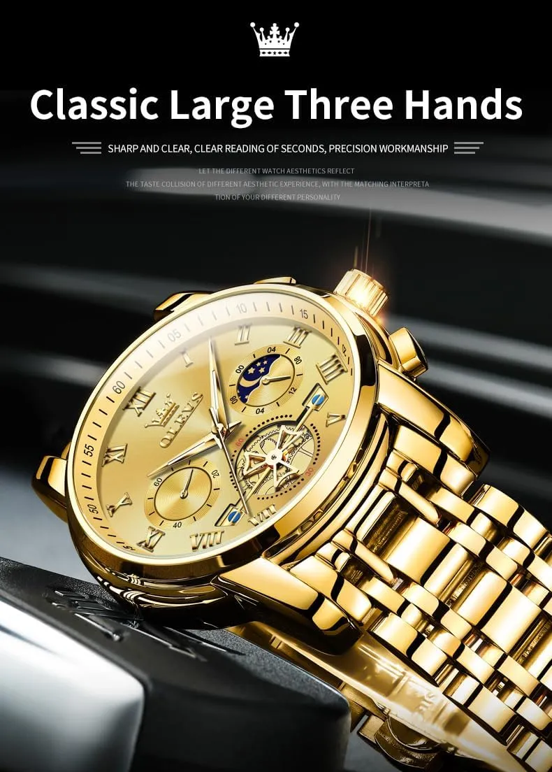 OLEVS Watches Men Waterproof Luxury Big Face Mens Watch Stainless Steel Quartz Analog Dress Watches for Men Luminous Multifunction Man Watch Relojes De Hombre