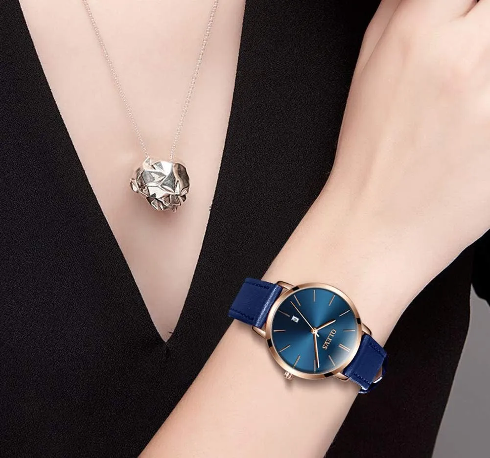 OLEVS Women's Watches for Ladies Female Wrist Watch Leather Band Waterproof Thin Minimalist Casual Simple Dress Quartz Analog with Date Calendar