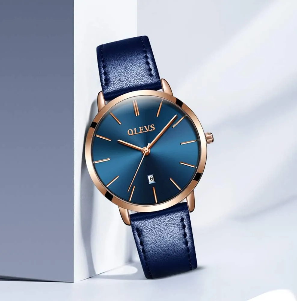 OLEVS Women's Watches for Ladies Female Wrist Watch Leather Band Waterproof Thin Minimalist Casual Simple Dress Quartz Analog with Date Calendar