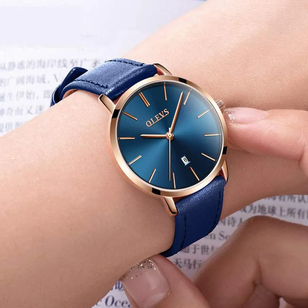 OLEVS Women's Watches for Ladies Female Wrist Watch Leather Band Waterproof Thin Minimalist Casual Simple Dress Quartz Analog with Date Calendar