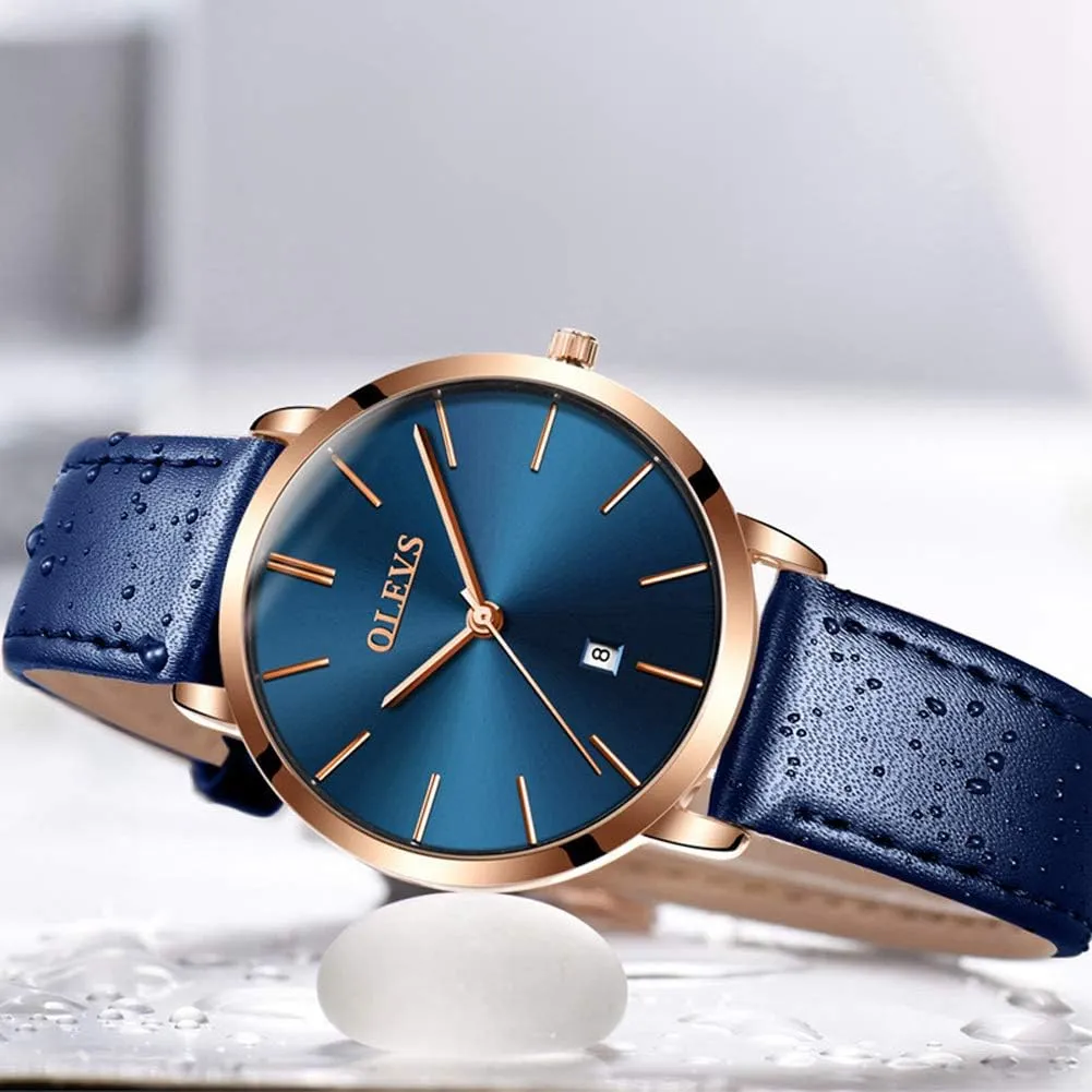 OLEVS Women's Watches for Ladies Female Wrist Watch Leather Band Waterproof Thin Minimalist Casual Simple Dress Quartz Analog with Date Calendar