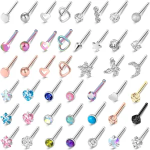 ONESING 36-44 Pcs 18G 20G Nose Rings Studs Nose Rings for Women Nose Piercings Jewelry Surgical Stainless Steel Nose Studs Moon Star Heart Butterfly Hypoallergenic Body Piercing Jewelry for Women Men
