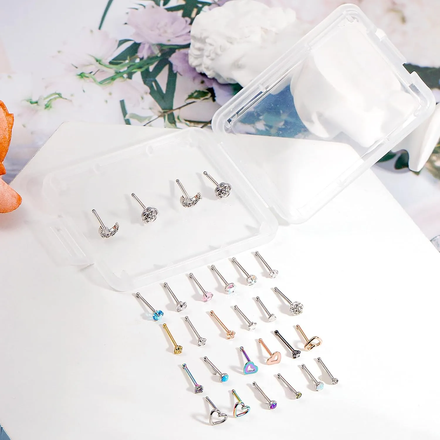 ONESING 36-44 Pcs 18G 20G Nose Rings Studs Nose Rings for Women Nose Piercings Jewelry Surgical Stainless Steel Nose Studs Moon Star Heart Butterfly Hypoallergenic Body Piercing Jewelry for Women Men