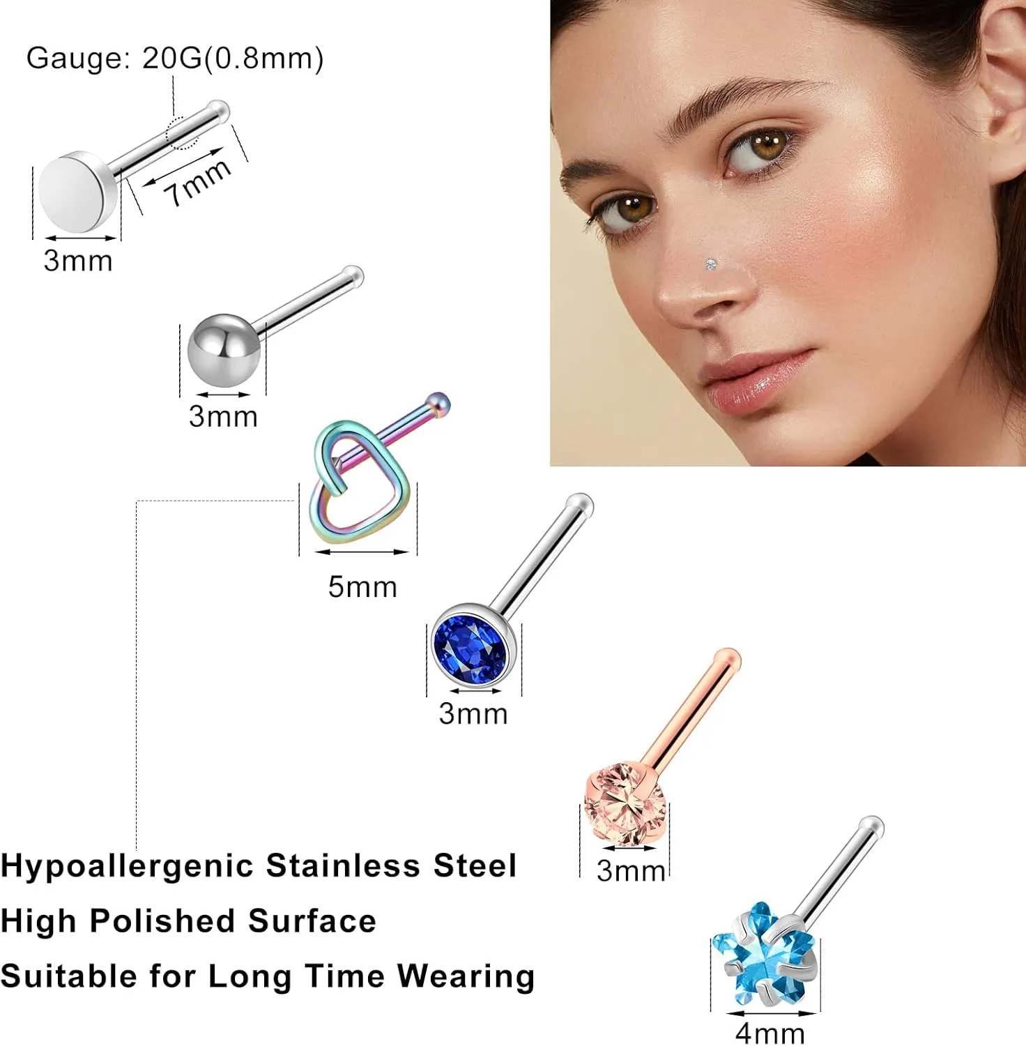 ONESING 36-44 Pcs 18G 20G Nose Rings Studs Nose Rings for Women Nose Piercings Jewelry Surgical Stainless Steel Nose Studs Moon Star Heart Butterfly Hypoallergenic Body Piercing Jewelry for Women Men